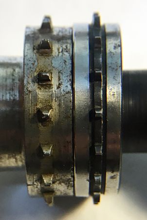 Sprockets with Kodak Standard teeth (left) and CinemaScope teeth (right).