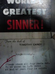 A letter to the projectionist inside the can for World's Greatest Sinner Timothy Carey,1962